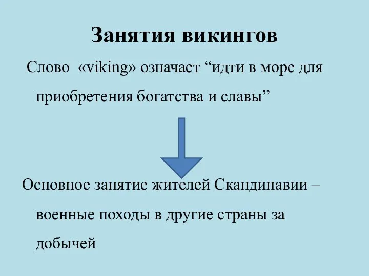 Занятия викингов Слово «viking» означает “идти в море для приобретения