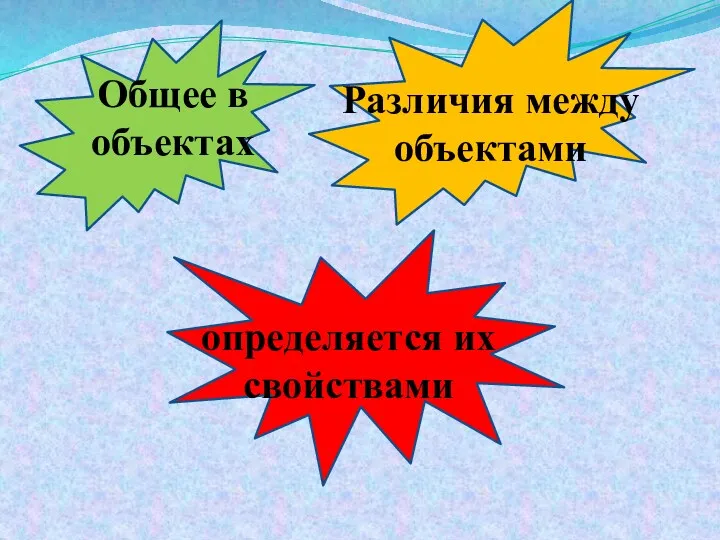 Общее в объектах Различия между объектами определяется их свойствами