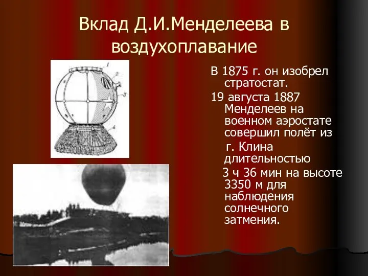 Вклад Д.И.Менделеева в воздухоплавание В 1875 г. он изобрел стратостат.