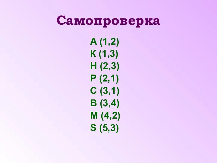 Самопроверка A (1,2) К (1,3) Н (2,3) Р (2,1) С