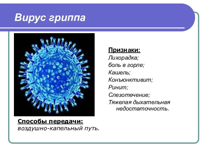 Вирус гриппа Признаки: Лихорадка; боль в горле; Кашель; Конъюнктивит; Ринит;