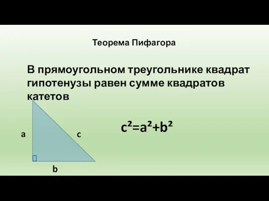 Теорема Пифагора В прямоугольном треугольнике квадрат гипотенузы равен сумме квадратов катетов a b c c²=a²+b²