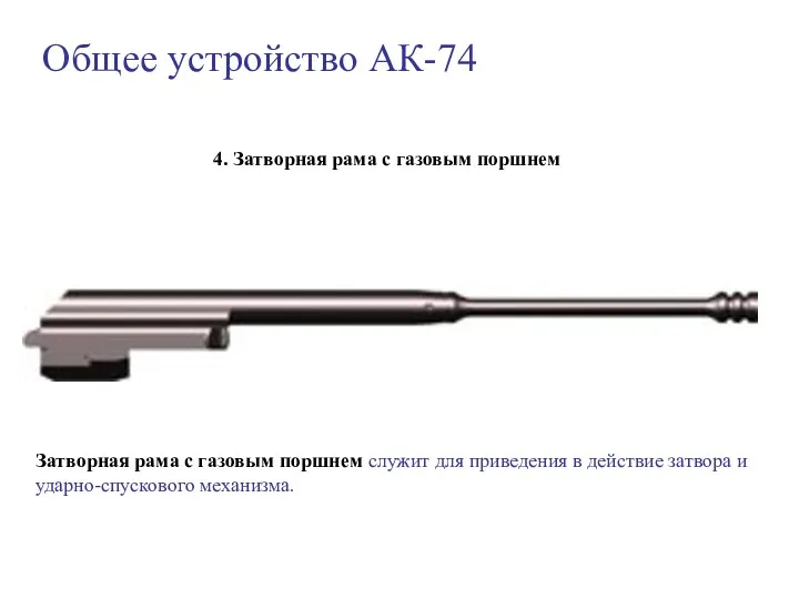 Общее устройство АК-74 4. Затворная рама с газовым поршнем Затворная