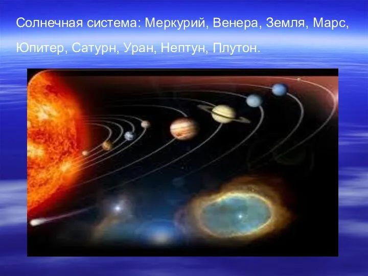 Солнечная система: Меркурий, Венера, Земля, Марс, Юпитер, Сатурн, Уран, Нептун, Плутон.