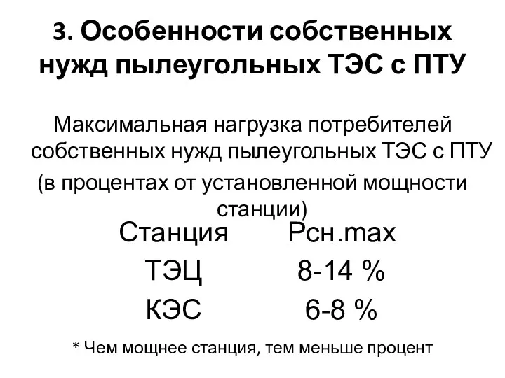 3. Особенности собственных нужд пылеугольных ТЭС с ПТУ Максимальная нагрузка