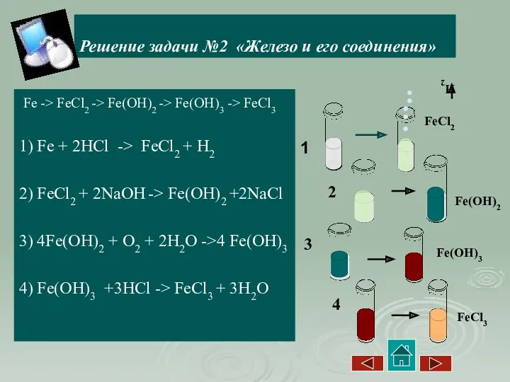 Решение задачи №2 «Железо и его соединения» Fe -> FeCl2 -> Fe(OH)2 ->