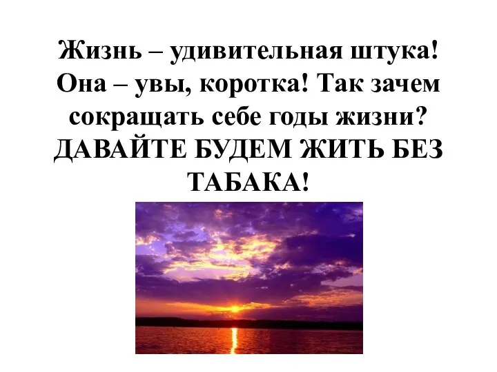 Жизнь – удивительная штука! Она – увы, коротка! Так зачем сокращать себе годы