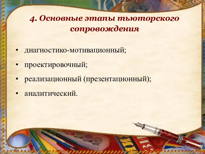 4. Основные этапы тьюторского сопровождения диагностико-мотивационный; проектировочный; реализационный (презентационный); аналитический.