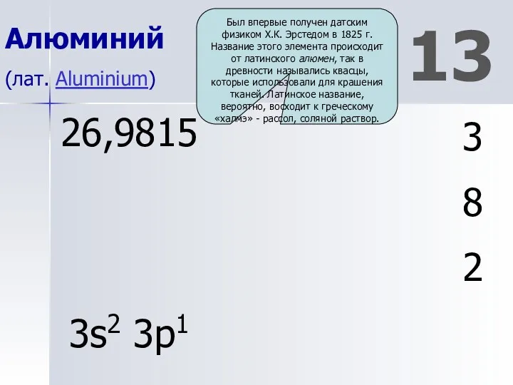 Al 13 Алюминий (лат. Aluminium) 3 8 2 26,9815 3s2