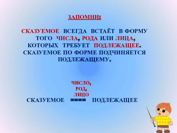 ЗАПОМНИ: СКАЗУЕМОЕ ВСЕГДА ВСТАЁТ В ФОРМУ ТОГО ЧИСЛА, РОДА ИЛИ