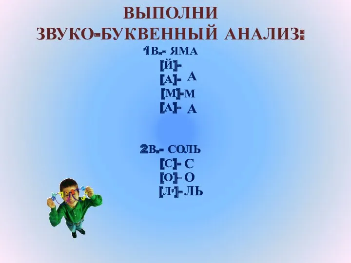 ВЫПОЛНИ ЗВУКО-БУКВЕННЫЙ АНАЛИЗ: 1В.- ЯМА [Й]- [А]- [М]- [А]- 2В.-