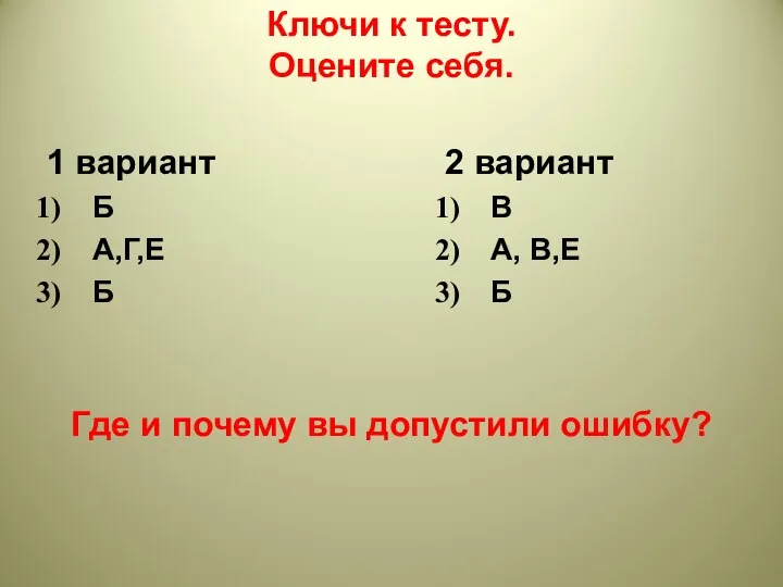 Ключи к тесту. Оцените себя. 1 вариант Б А,Г,Е Б