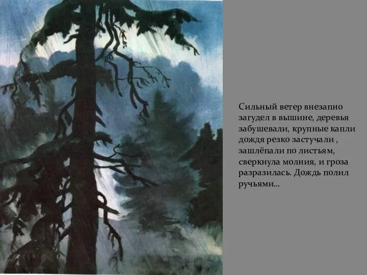 Сильный ветер внезапно загудел в вышине, деревья забушевали, крупные капли