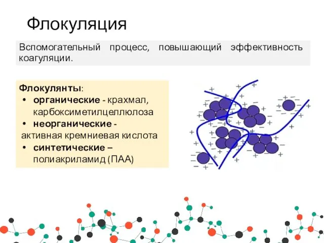 Флокуляция Вспомогательный процесс, повышающий эффективность коагуляции. Флокулянты: органические - крахмал, карбоксиметилцеллюлоза неорганические -