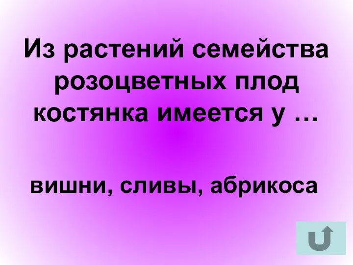 Из растений семейства розоцветных плод костянка имеется у … вишни, сливы, абрикоса