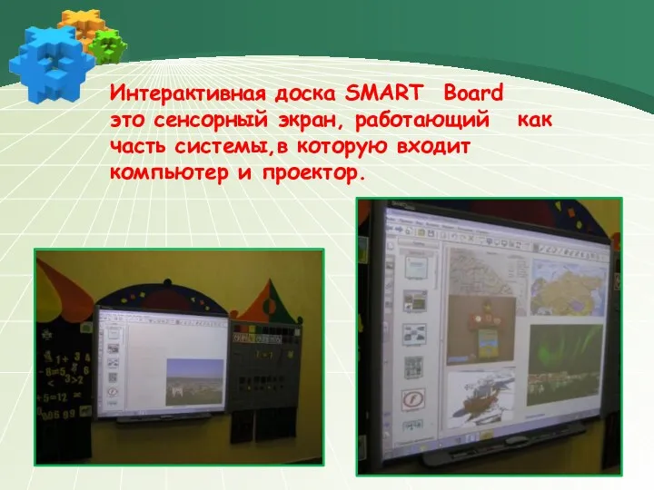 Интерактивная доска SMART Board это сенсорный экран, работающий как часть системы,в которую входит компьютер и проектор.