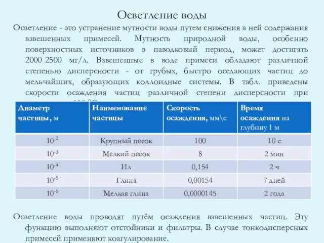 Осветление воды Осветление - это устранение мутности воды путем снижения