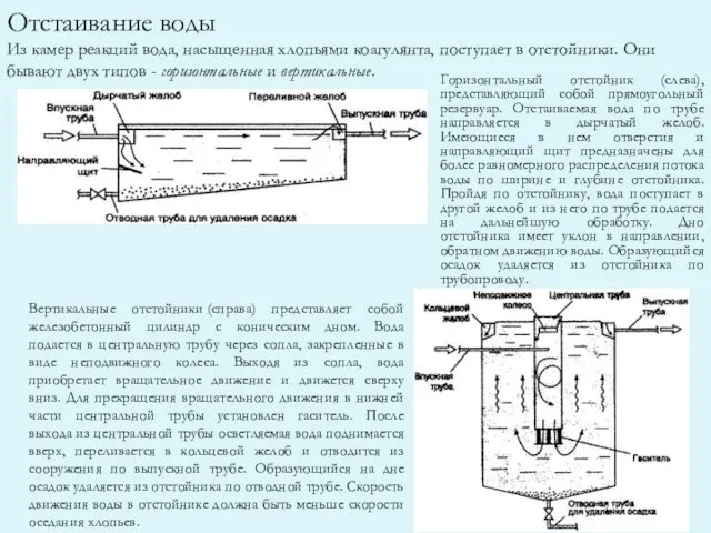 Отстаивание воды Из камер реакций вода, насыщенная хлопьями коагулянта, поступает