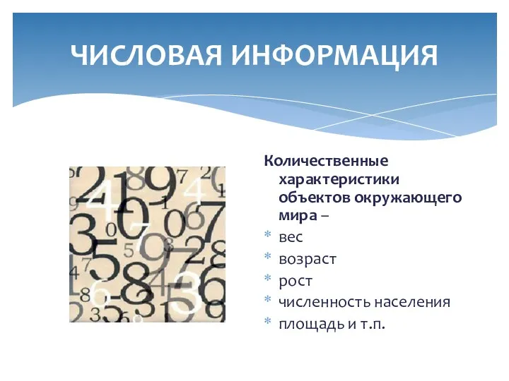 ЧИСЛОВАЯ ИНФОРМАЦИЯ Количественные характеристики объектов окружающего мира – вес возраст рост численность населения площадь и т.п.