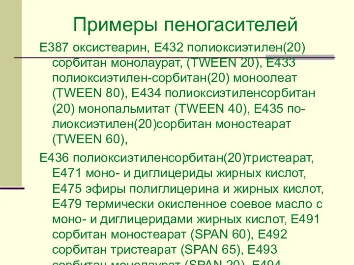 Примеры пеногасителей Е387 оксистеарин, Е432 полиоксиэтилен(20)сорбитан монолаурат, (TWEEN 20), Е433