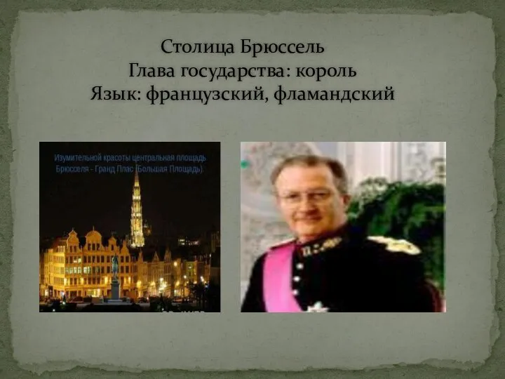 Столица Брюссель Глава государства: король Язык: французский, фламандский