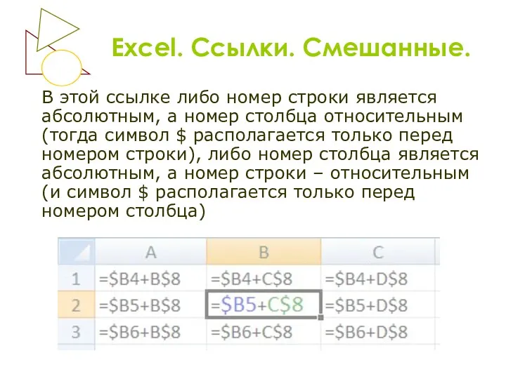 Excel. Ссылки. Смешанные. В этой ссылке либо номер строки является