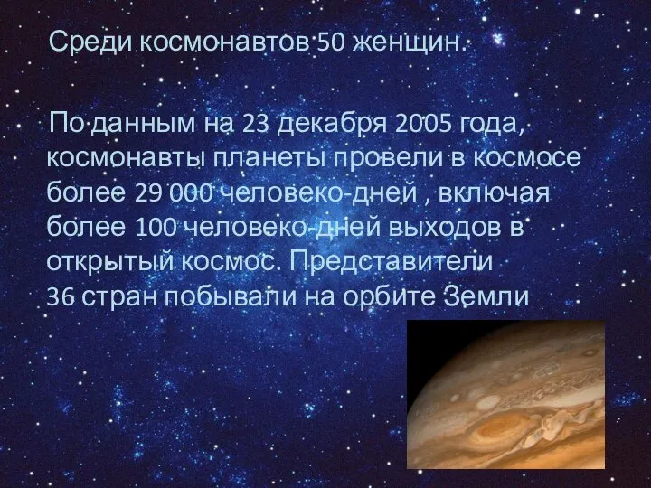 Среди космонавтов 50 женщин. По данным на 23 декабря 2005