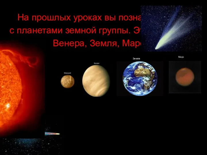 На прошлых уроках вы познакомились с планетами земной группы. Это Меркурий, Венера, Земля, Марс. Земля Марс