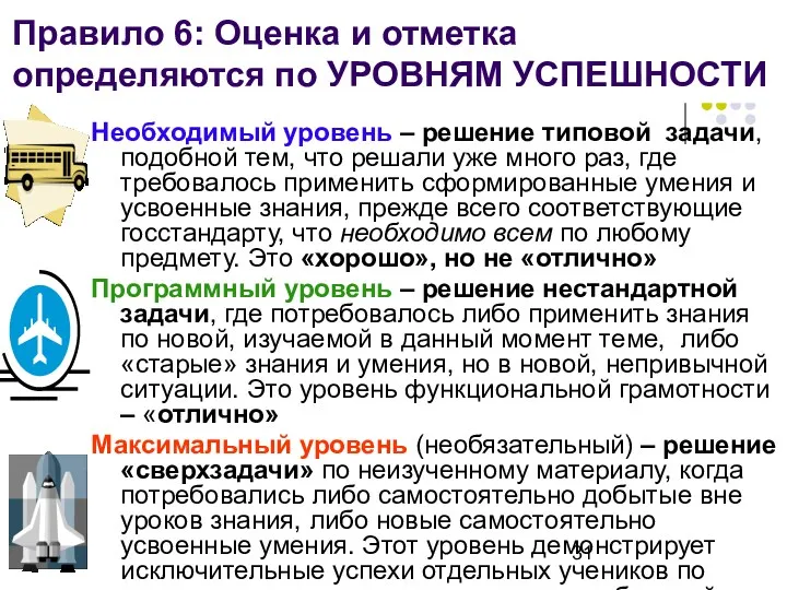 Правило 6: Оценка и отметка определяются по УРОВНЯМ УСПЕШНОСТИ Необходимый уровень – решение