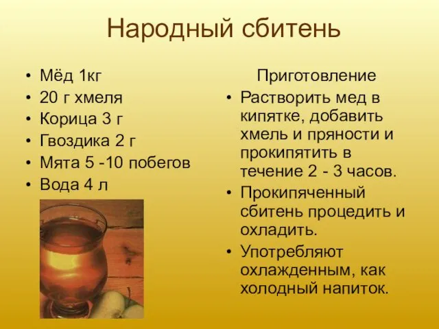 Народный сбитень Мёд 1кг 20 г хмеля Корица 3 г