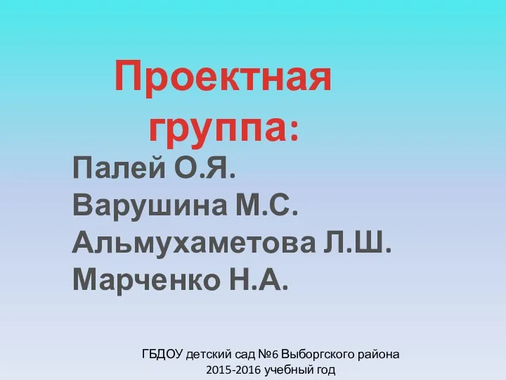 Палей О.Я. Варушина М.С. Альмухаметова Л.Ш. Марченко Н.А. Проектная группа: