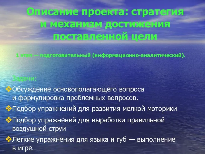 Описание проекта: стратегия и механизм достижения поставленной цели 1 этап