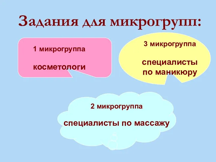 Задания для микрогрупп: 1 микрогруппа косметологи 3 микрогруппа специалисты по маникюру 2 микрогруппа специалисты по массажу