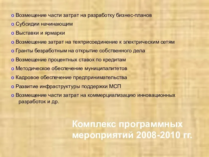 Комплекс программных мероприятий 2008-2010 гг. Возмещение части затрат на разработку