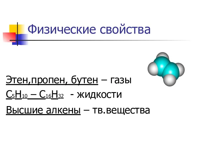 Физические свойства Этен,пропен, бутен – газы С5Н10 – С16Н32 - жидкости Высшие алкены – тв.вещества