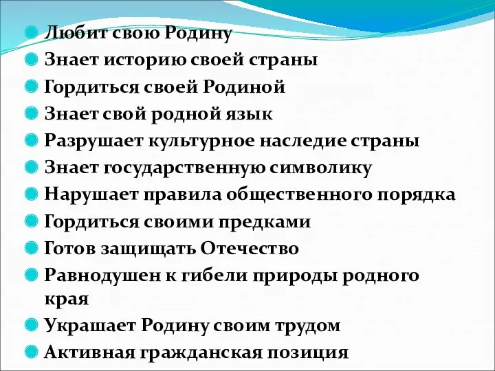 Любит свою Родину Знает историю своей страны Гордиться своей Родиной