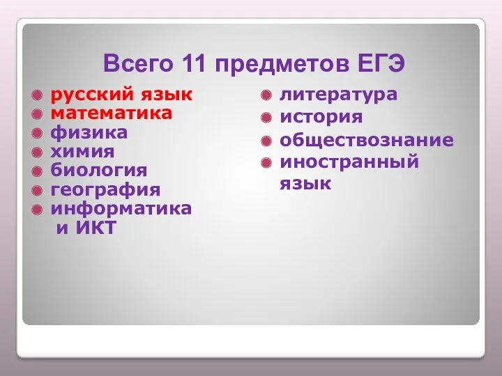 Всего 11 предметов ЕГЭ русский язык математика физика химия биология