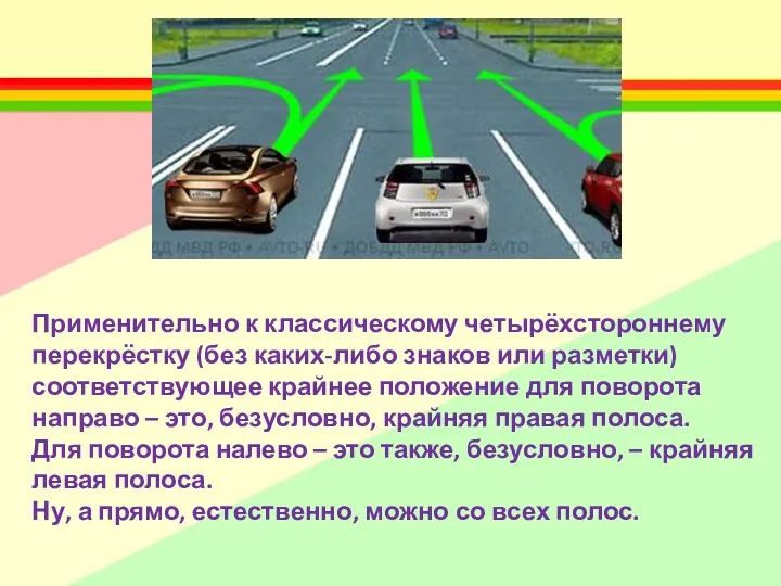 Применительно к классическому четырёхстороннему перекрёстку (без каких-либо знаков или разметки)