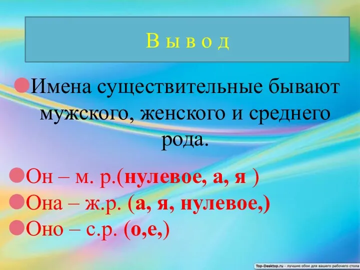 В ы в о д Имена существительные бывают мужского, женского