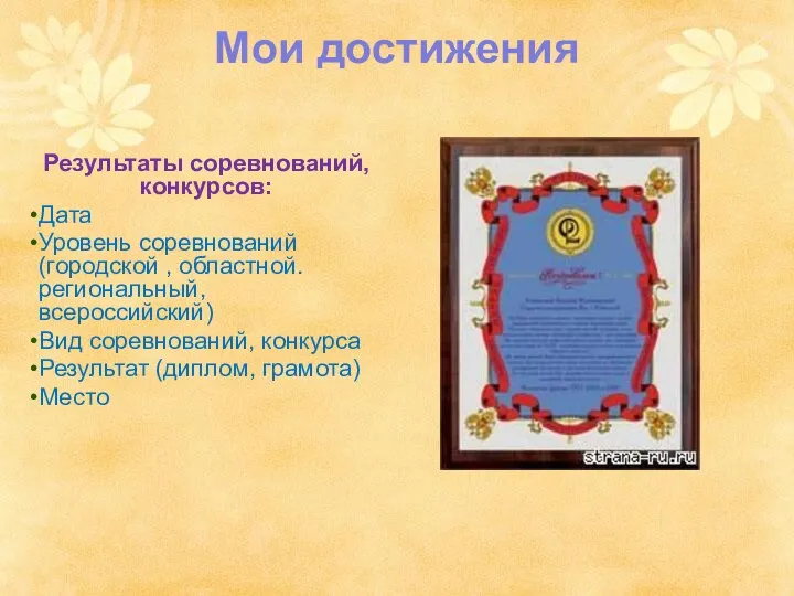 Мои достижения Результаты соревнований, конкурсов: Дата Уровень соревнований (городской , областной. региональный, всероссийский)