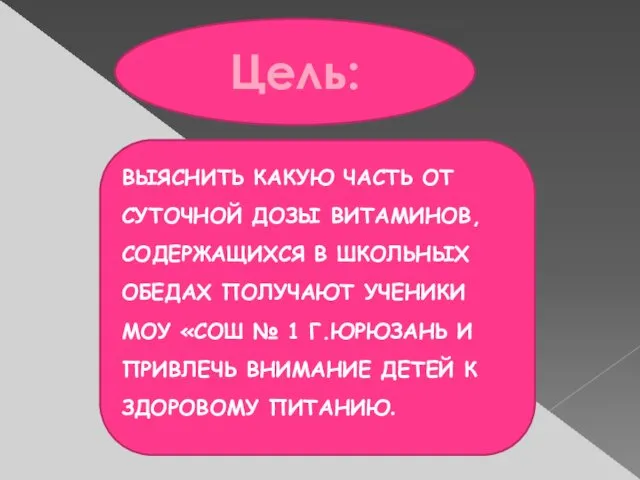 Цель: ВЫЯСНИТЬ КАКУЮ ЧАСТЬ ОТ СУТОЧНОЙ ДОЗЫ ВИТАМИНОВ, СОДЕРЖАЩИХСЯ В