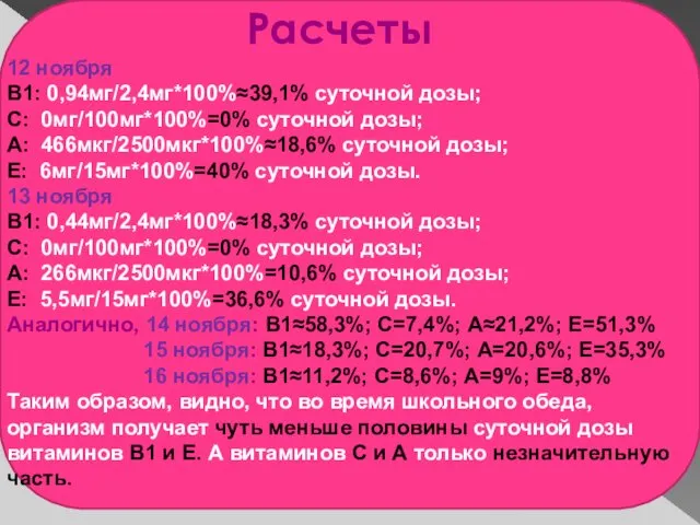 Расчеты 12 ноября В1: 0,94мг/2,4мг*100%≈39,1% суточной дозы; С: 0мг/100мг*100%=0% суточной