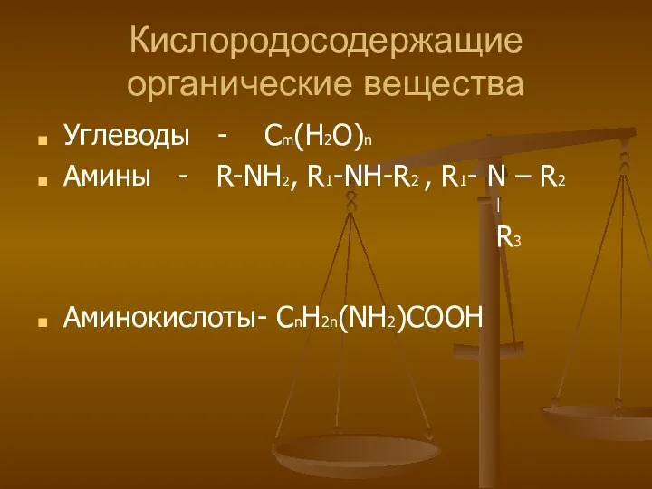 Кислородосодержащие органические вещества Углеводы - Cm(H2O)n Амины - R-NH2, R1-NH-R2