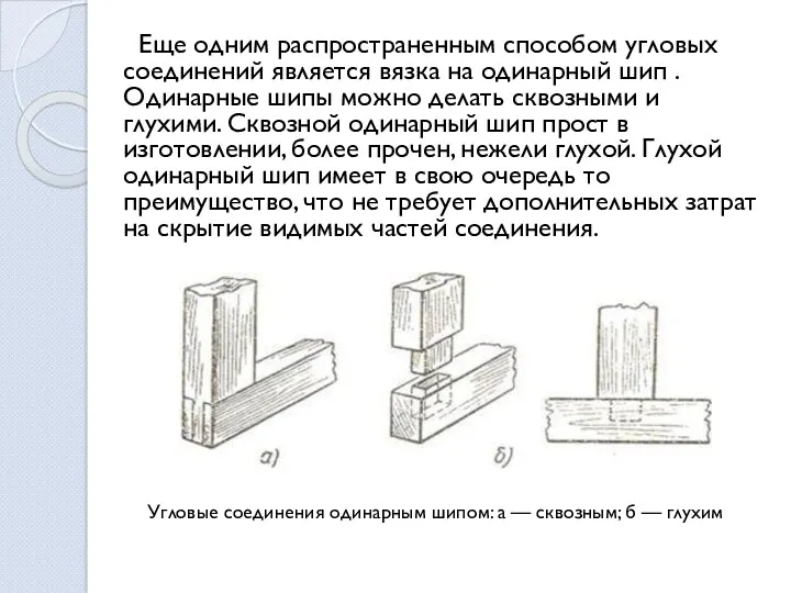 Еще одним распространенным способом угловых соединений является вязка на одинарный