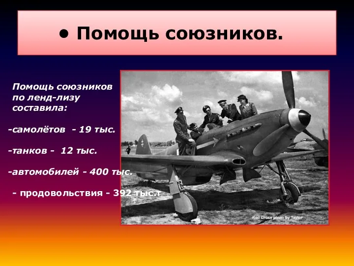 Помощь союзников. Помощь союзников по ленд-лизу составила: самолётов - 19