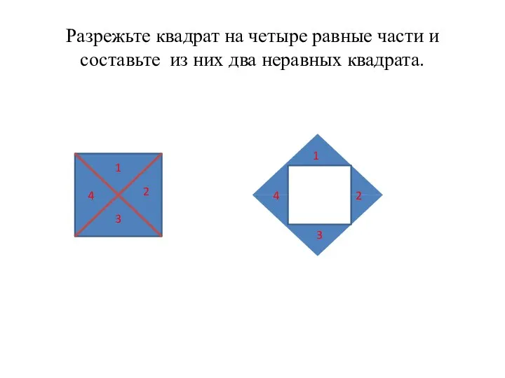 Разрежьте квадрат на четыре равные части и составьте из них два неравных квадрата.