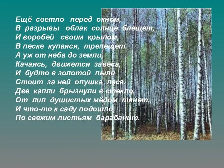 Ещё светло перед окном, В разрывы облак солнце блещет, И