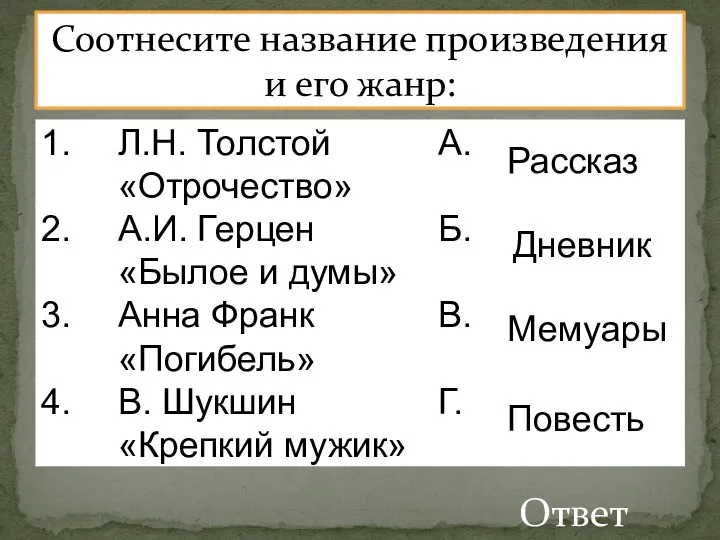 Соотнесите название произведения и его жанр: Ответ Рассказ Повесть Дневник Мемуары