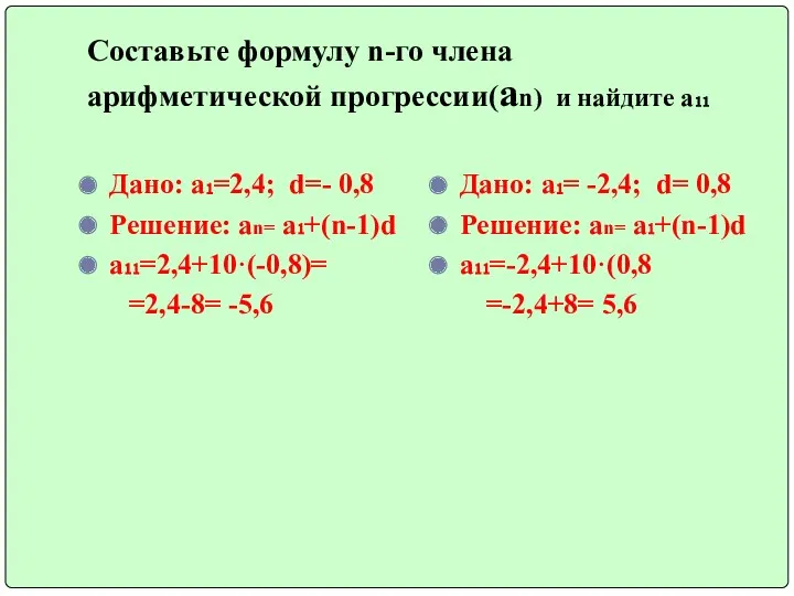 Составьте формулу n-го члена арифметической прогрессии(аn) и найдите а₁₁ Дано: