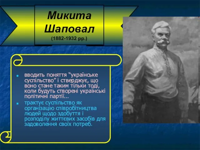 Микита Шаповал (1882-1932 pp.) вводить поняття “українське суспільство” і стверджує, що воно стане